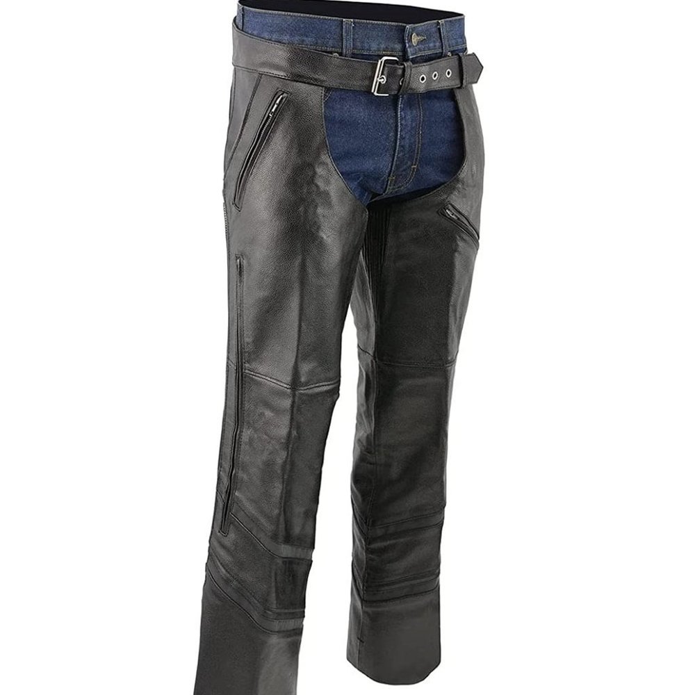 NWT M-Boss Men’s Black Jean Style Vented Leather Chaps Size L Black $150 FLA298
